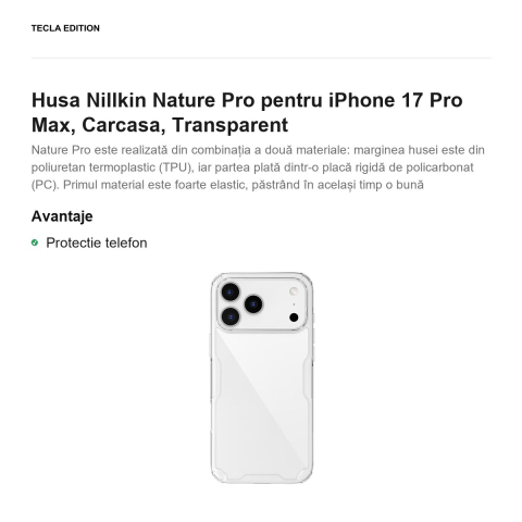Husa Nillkin Nature Pro pentru iPhone 17 Pro Max, Carcasa, Transparent [1]