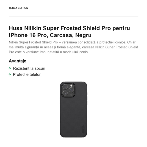 Husa Nillkin Super Frosted Shield Pro pentru iPhone 16 Pro, Carcasa, Negru [1]