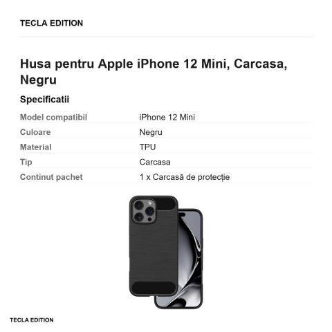 Husa Simple Black pentru Apple iPhone 12 Mini, Carcasa, Negru [2]