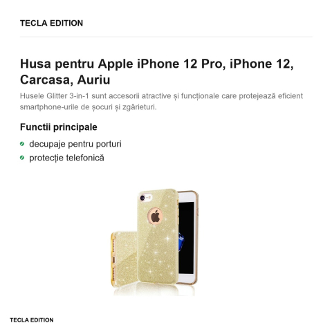 Husa Glitter 3in1 pentru Apple iPhone 12 Pro, iPhone 12, Carcasa, Auriu [1]