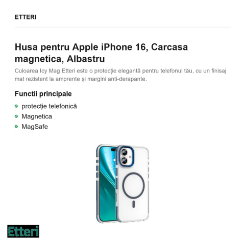 Husa Etteri Icy Mag pentru Apple iPhone 16, Carcasa magnetica, Albastru [1]