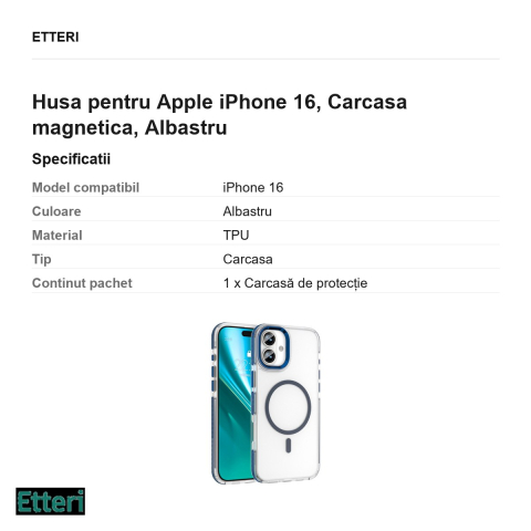 Husa Etteri Icy Mag pentru Apple iPhone 16, Carcasa magnetica, Albastru [2]
