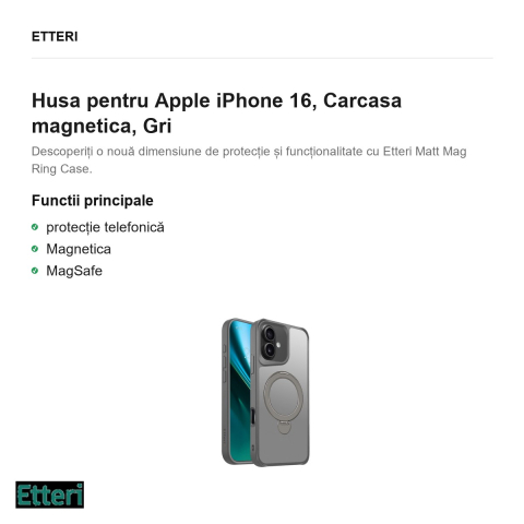 Husa Etteri Matt Mag Ring pentru Apple iPhone 16, Carcasa magnetica, Gri [1]