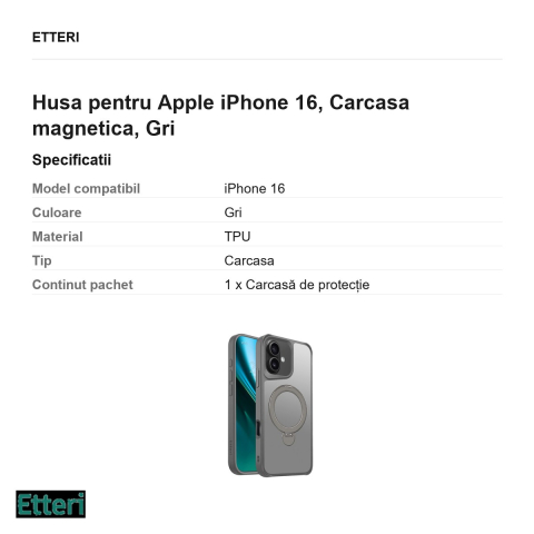 Husa Etteri Matt Mag Ring pentru Apple iPhone 16, Carcasa magnetica, Gri [2]