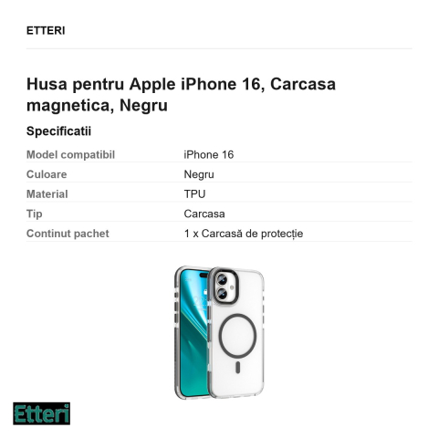 Husa Etteri Icy Mag pentru Apple iPhone 16, Carcasa magnetica, Negru [2]