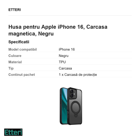 Husa Etteri Matt Mag Ring pentru Apple iPhone 16, Carcasa magnetica, Negru [2]