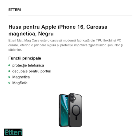 Husa Etteri Matt Mag pentru Apple iPhone 16, Carcasa magnetica, Negru [1]