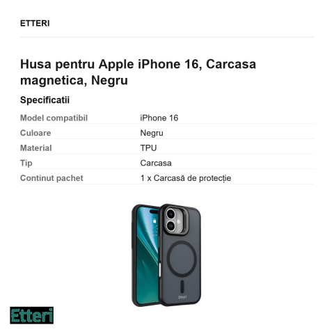 Husa Etteri Morning Fog pentru Apple iPhone 16, Carcasa magnetica, Negru [2]