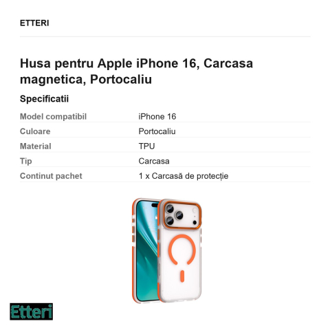 Husa Etteri Icy Mag pentru Apple iPhone 16, Carcasa magnetica, Portocaliu [2]