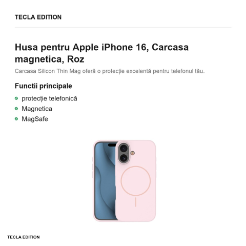 Husa Silicone Thin Mag pentru Apple iPhone 16, Carcasa magnetica, Roz [1]