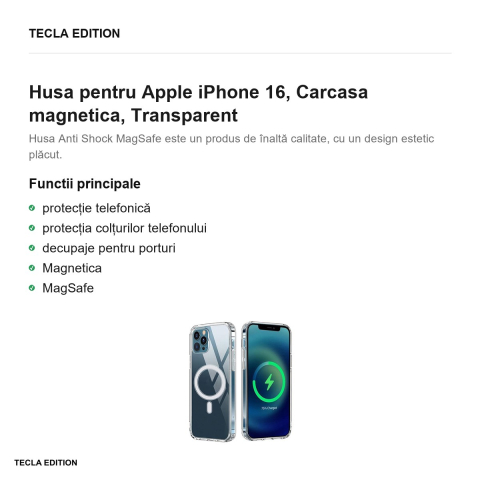 Husa Anti Shock 1 5 mm Mag big hole pentru Apple iPhone 16, Carcasa magnetica, Transparent [1]