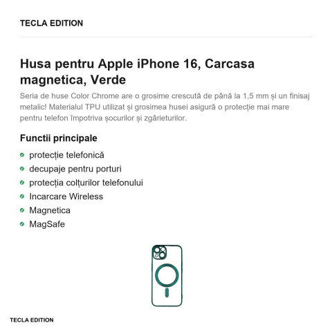 Husa Color Chrome Mag pentru Apple iPhone 16, Carcasa magnetica, Verde [1]