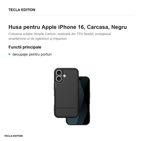 Husa Simple Carbon pentru Apple iPhone 16, Carcasa, Negru [1]