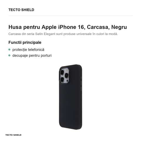 Husa Satin Elegant Matt pentru Apple iPhone 16, Carcasa, Negru [1]