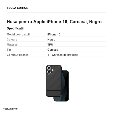 Husa Simple Carbon pentru Apple iPhone 16, Carcasa, Negru [2]