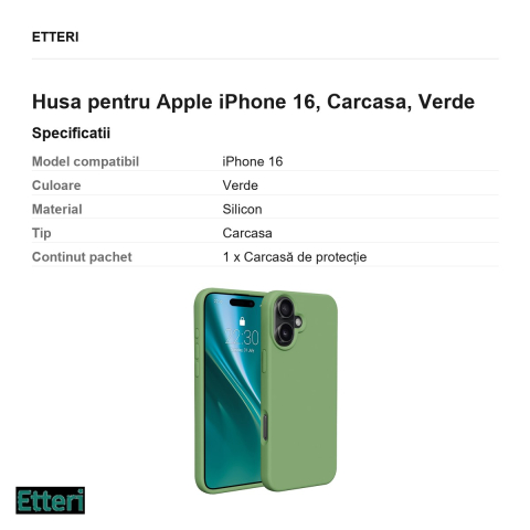 Husa Etteri Silicone pentru Apple iPhone 16, Carcasa, Verde [2]