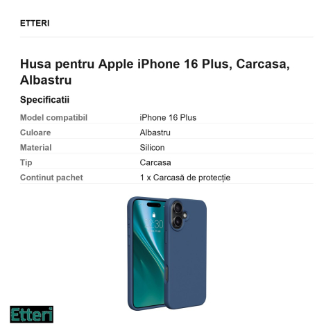 Husa Etteri Silicone pentru Apple iPhone 16 Plus, Carcasa, Albastru [2]