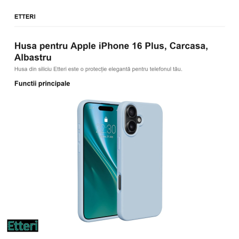 Husa Etteri Silicone pentru Apple iPhone 16 Plus, Carcasa, Albastru [1]