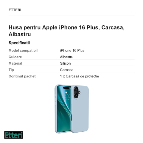 Husa Etteri Silicone pentru Apple iPhone 16 Plus, Carcasa, Albastru [2]