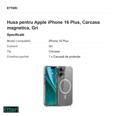 Husa Etteri Color Mag pentru Apple iPhone 16 Plus, Carcasa magnetica, Gri [2]