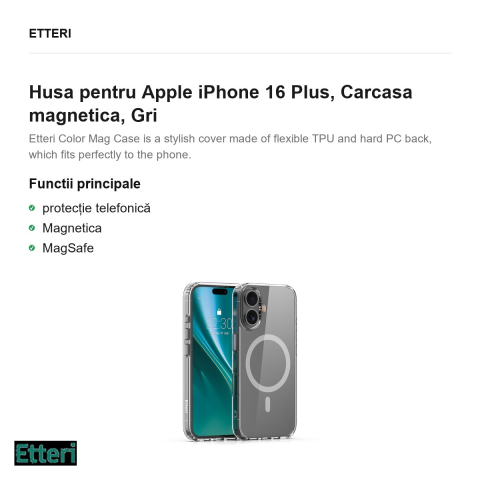 Husa Etteri Color Mag pentru Apple iPhone 16 Plus, Carcasa magnetica, Gri [1]