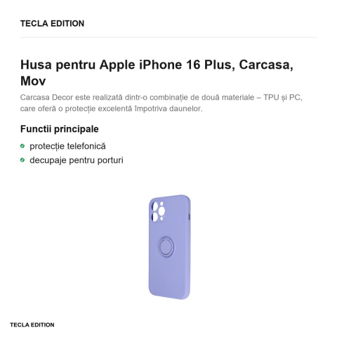 Husa Finger Grip pentru Apple iPhone 16 Plus, Carcasa magnetica, Mov [1]