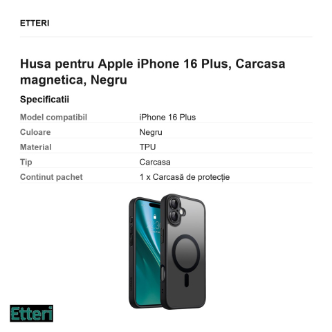 Husa Etteri Matt Mag pentru Apple iPhone 16 Plus, Carcasa magnetica, Negru [2]