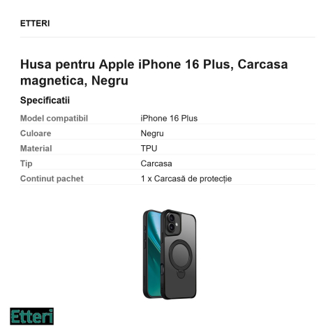 Husa Etteri Matt Mag Ring pentru Apple iPhone 16 Plus, Carcasa magnetica, Negru [2]