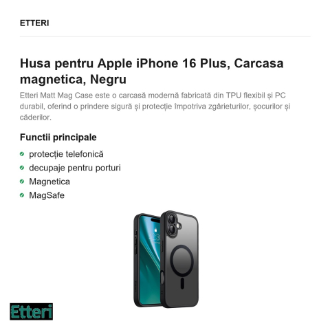 Husa Etteri Matt Mag pentru Apple iPhone 16 Plus, Carcasa magnetica, Negru [1]