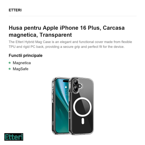 Husa Etteri Hybrid Mag pentru Apple iPhone 16 Plus, Carcasa magnetica, Transparent [1]