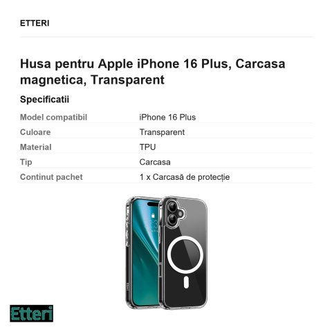 Husa Etteri Hybrid Mag pentru Apple iPhone 16 Plus, Carcasa magnetica, Transparent [2]