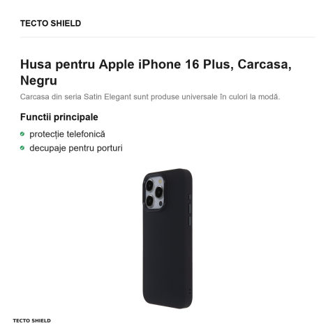 Husa Satin Elegant Matt pentru Apple iPhone 16 Plus, Carcasa, Negru [1]