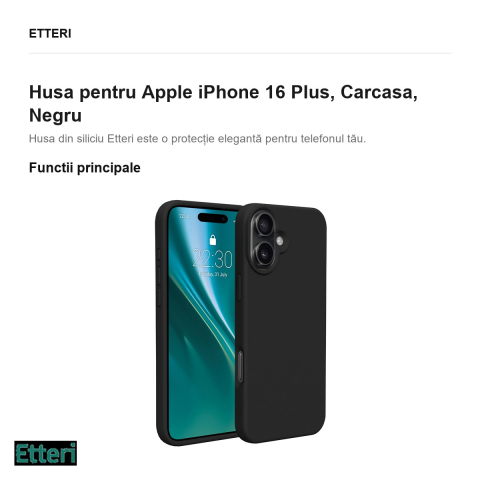 Husa Etteri Silicone pentru Apple iPhone 16 Plus, Carcasa, Negru [1]