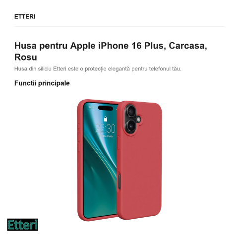 Husa Etteri Silicone raspberry pentru Apple iPhone 16 Plus, Carcasa, Rosu [1]
