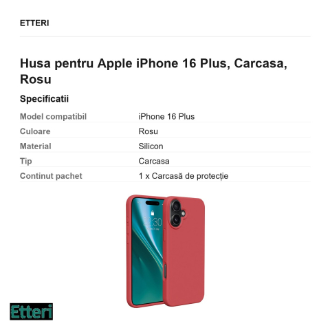 Husa Etteri Silicone raspberry pentru Apple iPhone 16 Plus, Carcasa, Rosu [2]