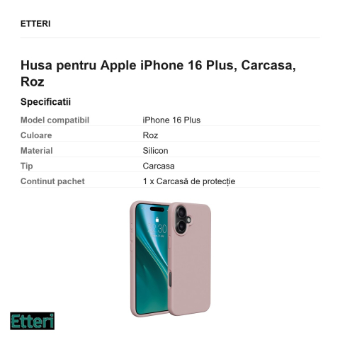 Husa Etteri Silicone pentru Apple iPhone 16 Plus, Carcasa, Roz [2]