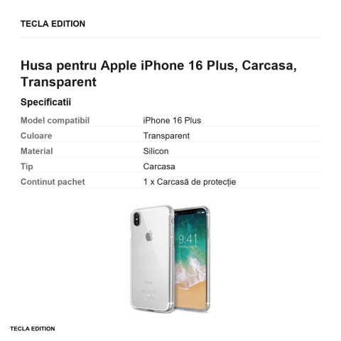 Husa Mercury Clear Jelly pentru Apple iPhone 16 Plus, Carcasa, Transparent [2]