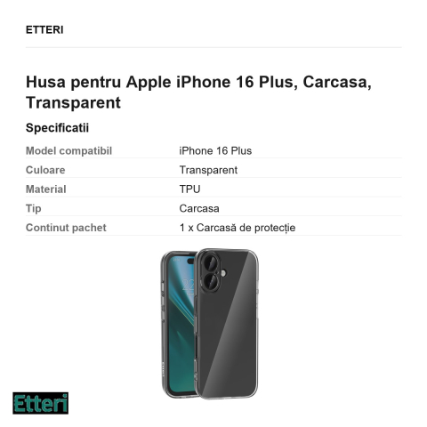 Husa Etteri Clear pentru Apple iPhone 16 Plus, Carcasa, Transparent [2]