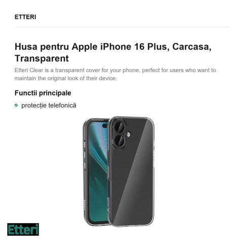 Husa Etteri Clear pentru Apple iPhone 16 Plus, Carcasa, Transparent [1]