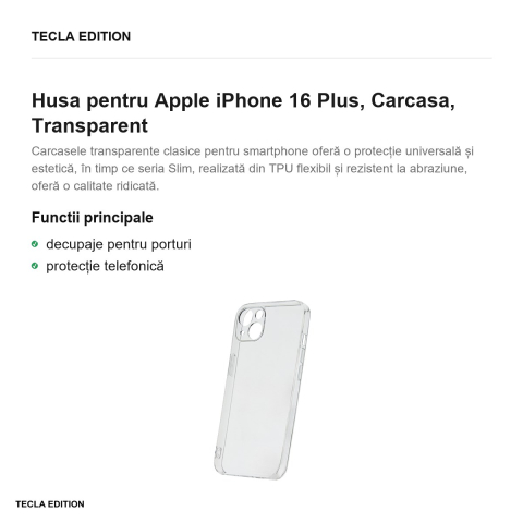 Husa Slim 2 mm pentru Apple iPhone 16 Plus, Carcasa, Transparent [1]
