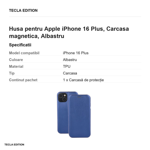 Husa Smart Diva pentru Apple iPhone 16 Plus, tip carte cu inchidere magnetica, Albastru [2]