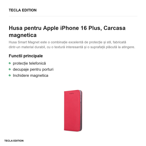 Husa Smart Magnet pentru Apple iPhone 16 Plus, tip carte cu inchidere magnetica, Rosu [1]