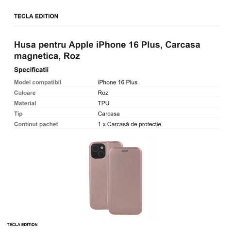 Husa Smart Diva rose pentru Apple iPhone 16 Plus, tip carte cu inchidere magnetica, Roz [2]