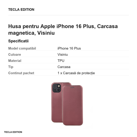 Husa Smart Diva pentru Apple iPhone 16 Plus, tip carte cu inchidere magnetica, Visiniu [2]