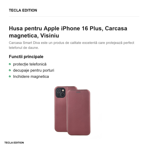 Husa Smart Diva pentru Apple iPhone 16 Plus, tip carte cu inchidere magnetica, Visiniu [1]