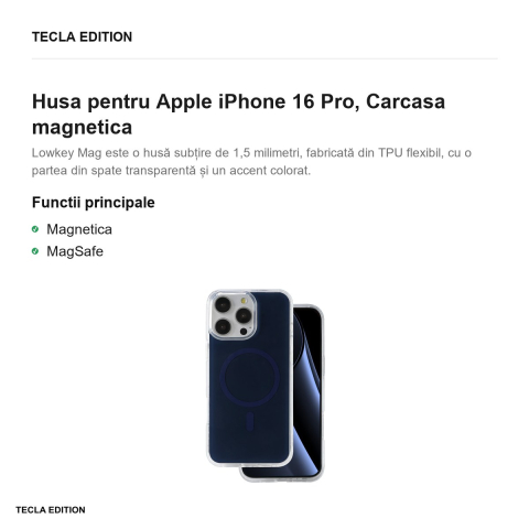 Husa Lowkey Mag pentru Apple iPhone 16 Pro, Carcasa magnetica, Albastru inchis [1]