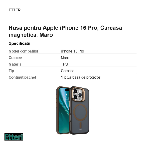 Husa Etteri Morning Fog pentru Apple iPhone 16 Pro, Carcasa magnetica, Maro [2]