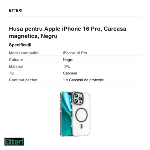 Husa Etteri Icy Mag pentru Apple iPhone 16 Pro, Carcasa magnetica, Negru [2]