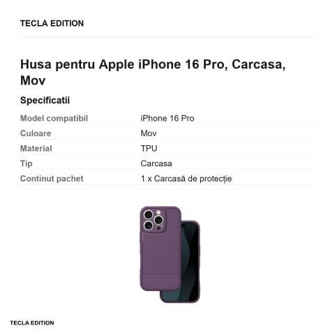Husa Simple Carbon pentru Apple iPhone 16 Pro, Carcasa, Mov [2]