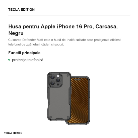 Husa Defender Matt pentru Apple iPhone 16 Pro, Carcasa, Negru [1]